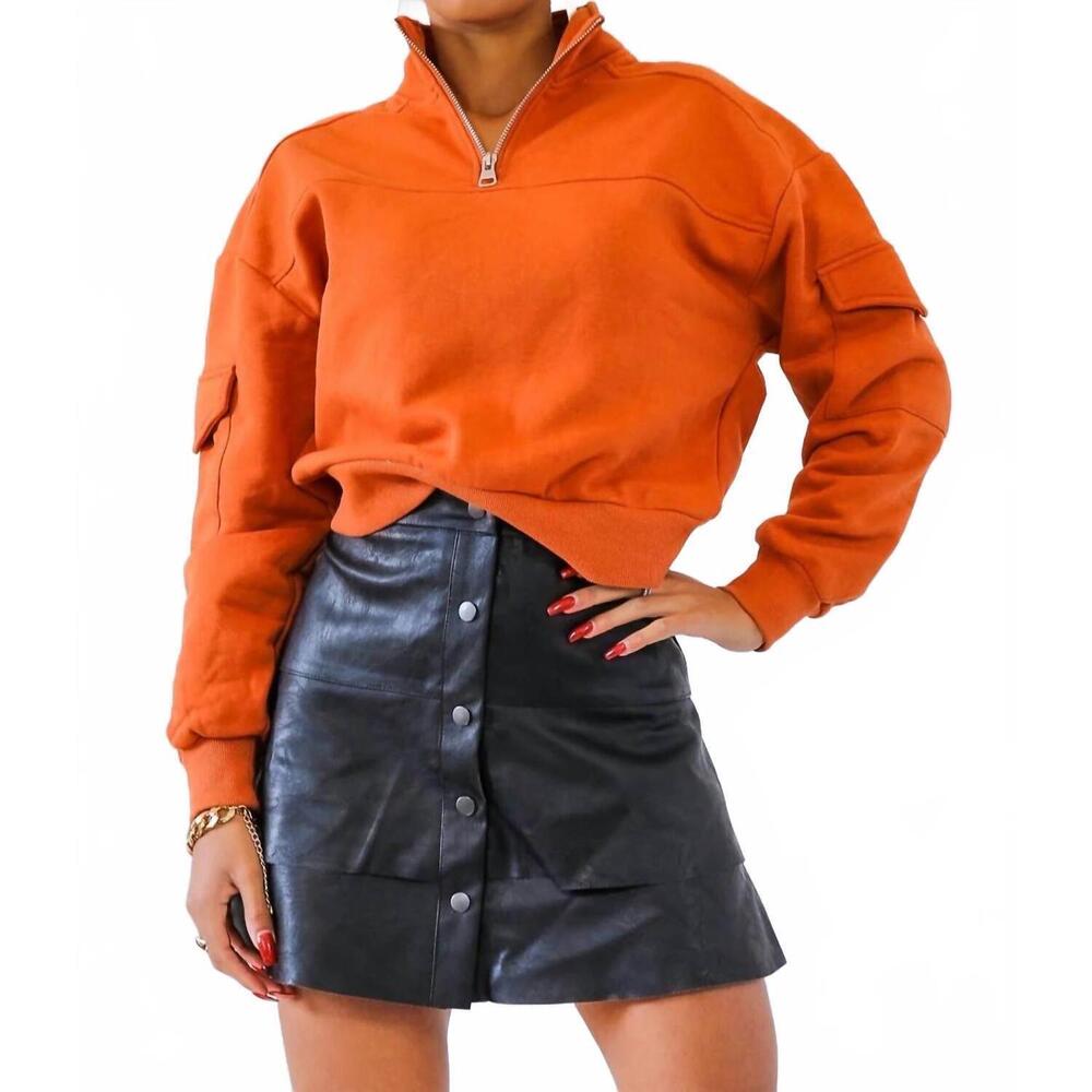 NEW SURELYMINE comfy long sleeve cargo cropped sweatshirt in orange